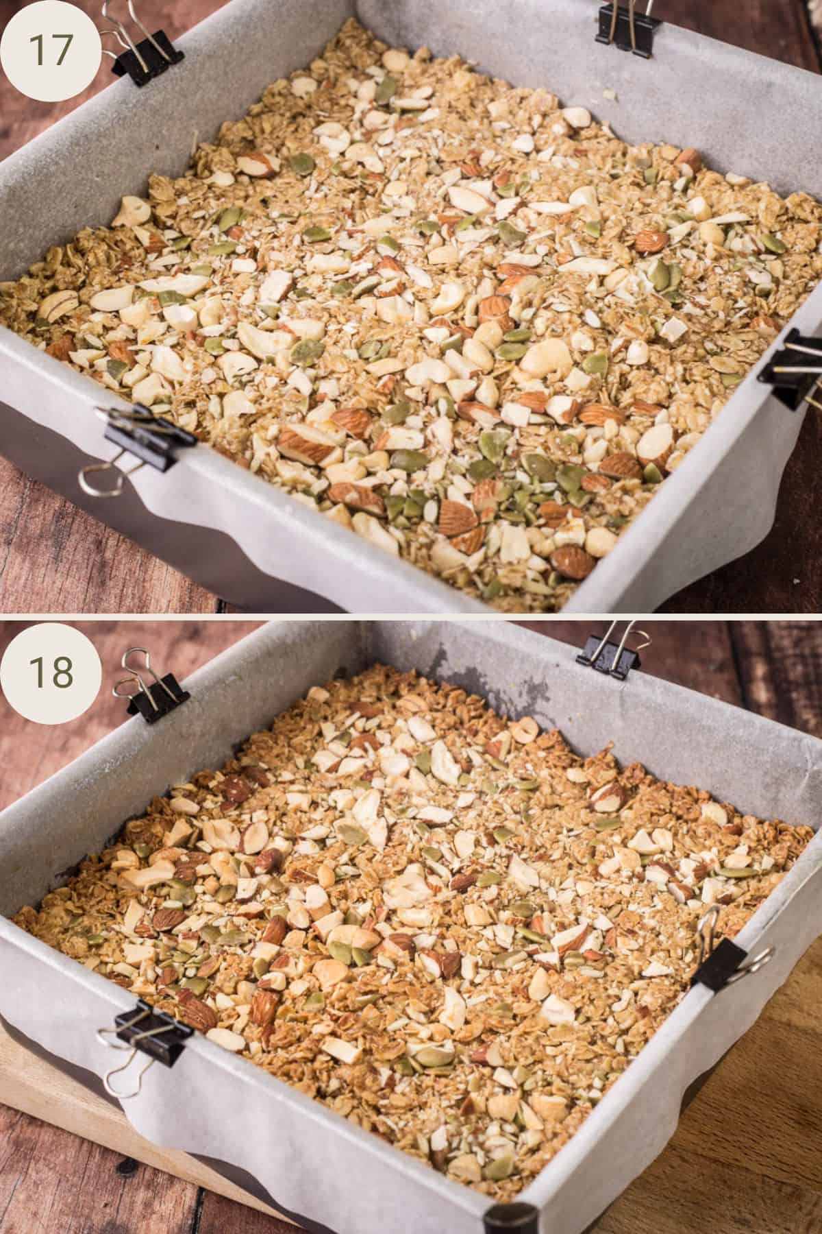 Nuts and seeds pressed into the top of the flapjacks. Baked until golden.