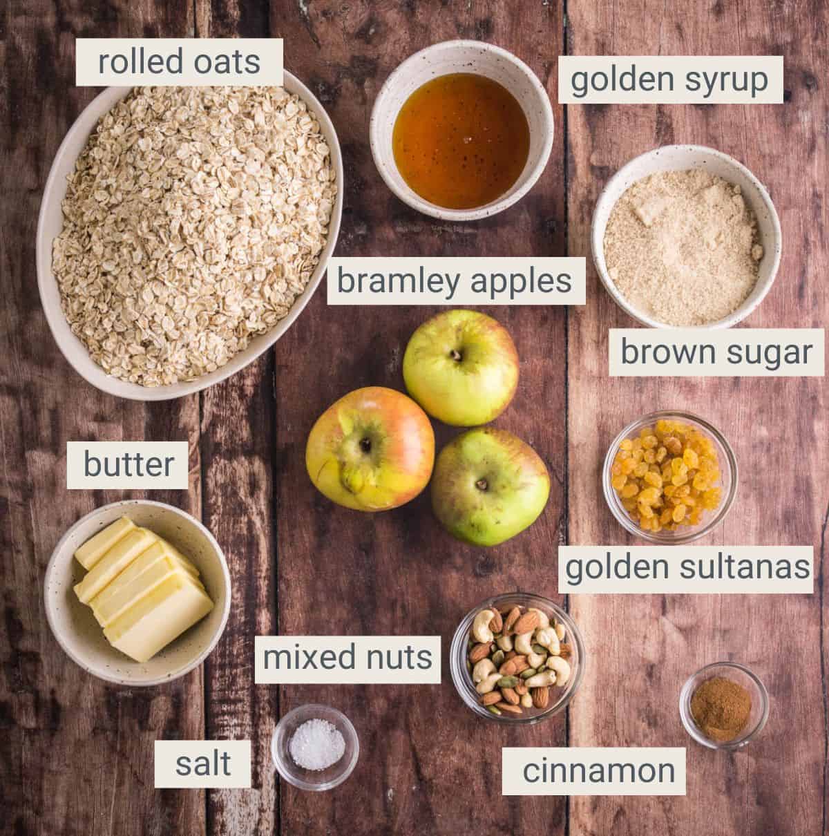 Bramley Apple Flapjacks ingredients shown.