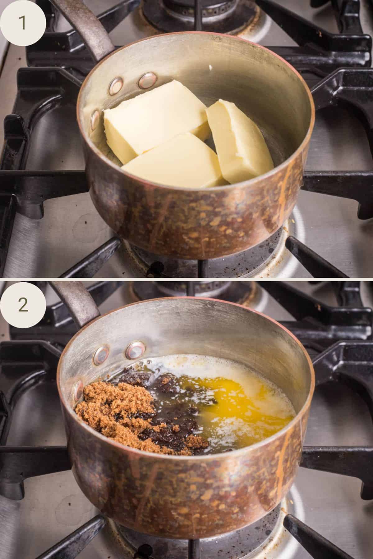 Butter in saucepan, once melted sugar is added.