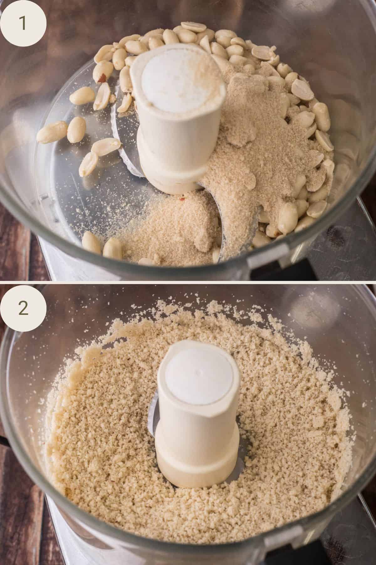 Brown sugar and peanuts in a food processor bowl before and after grinding.