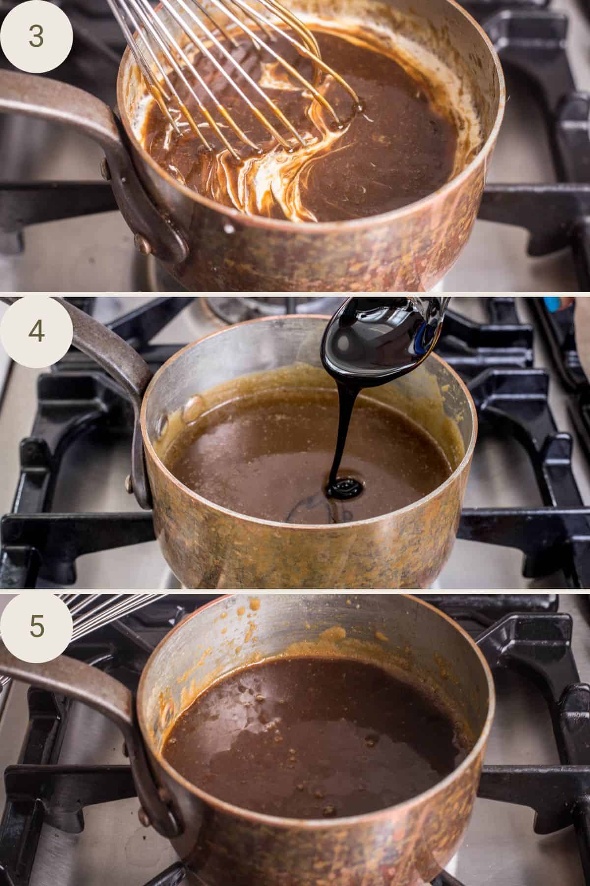 Cream added to toffee sauce, then black treacle and whisked until smooth and dark.