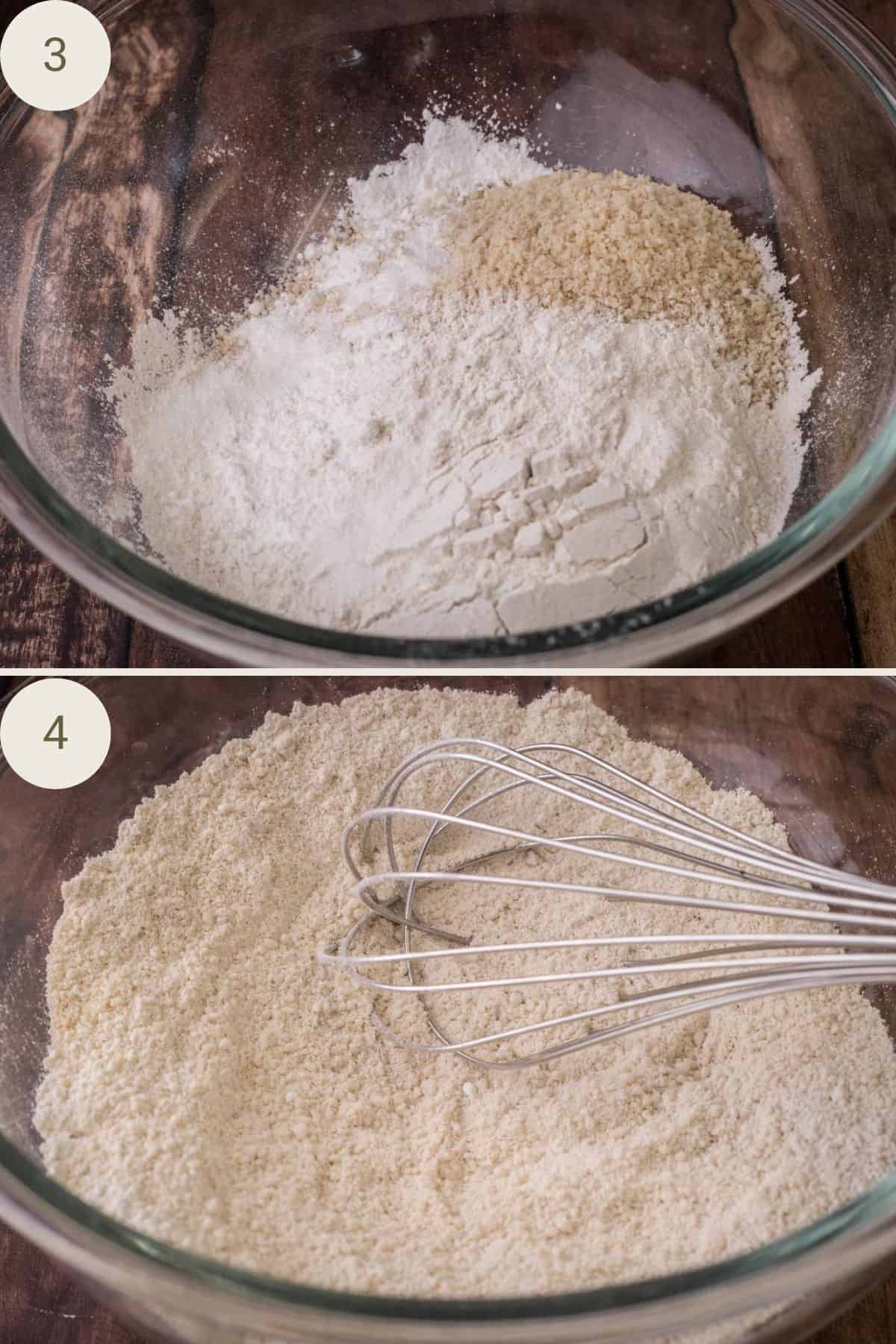 Ground peanuts, flour, baking powder, and salt before and after whisking together in a mixing bowl.