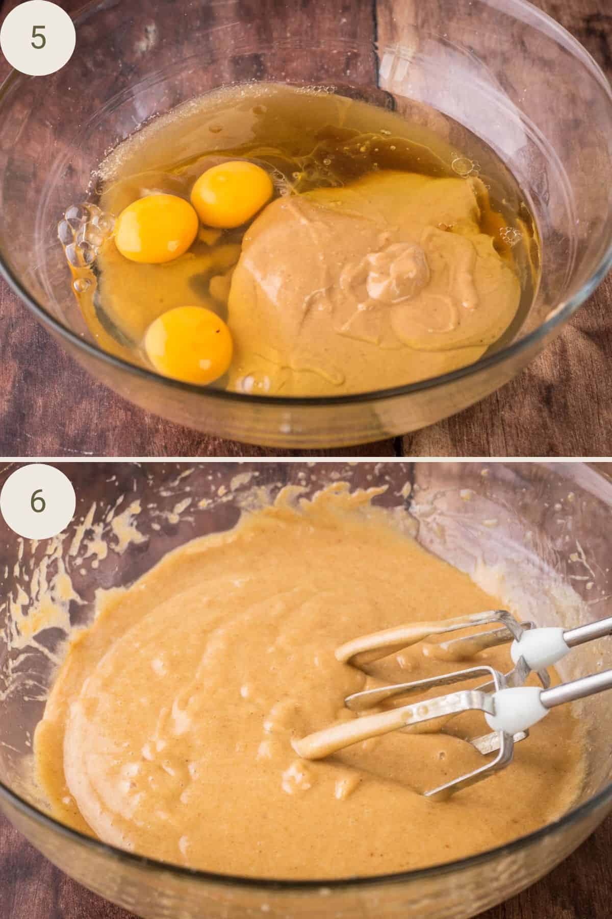Peanut butter, brown sugar, olive oil, eggs, and vanilla before and after being beaten together in a large bowl.
