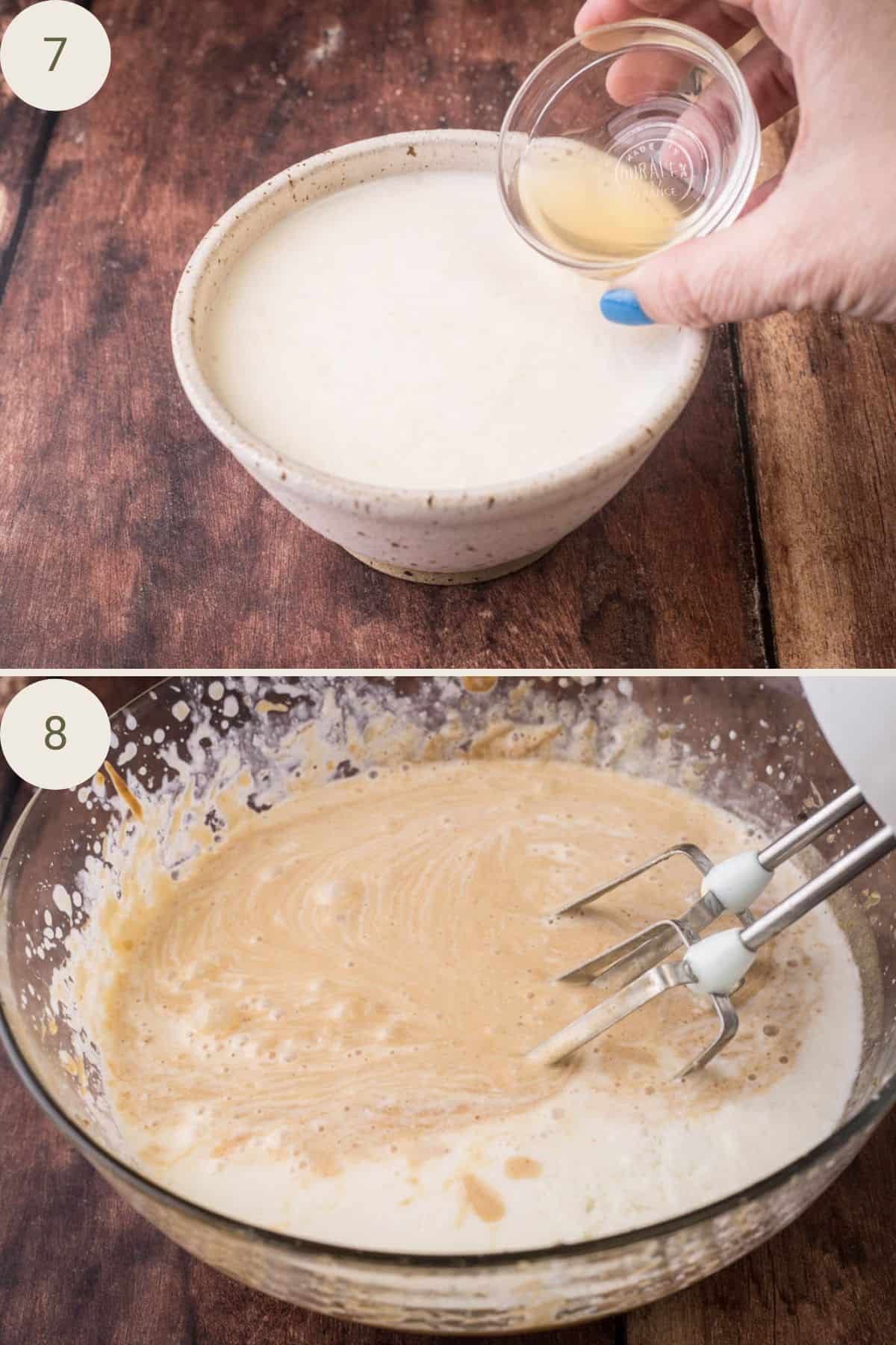 Milk and vinegar combined in a small bowl, then added to wet mixture.