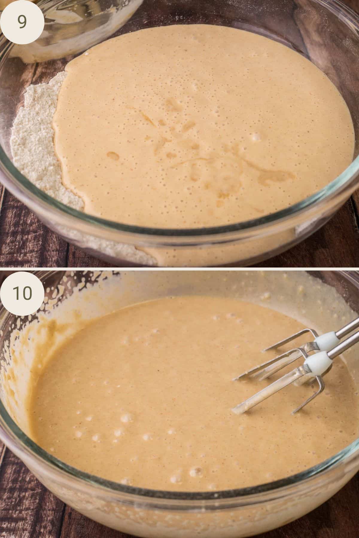 Wet ingredients poured into a well in the dry ingredients and mixed to a smooth batter.