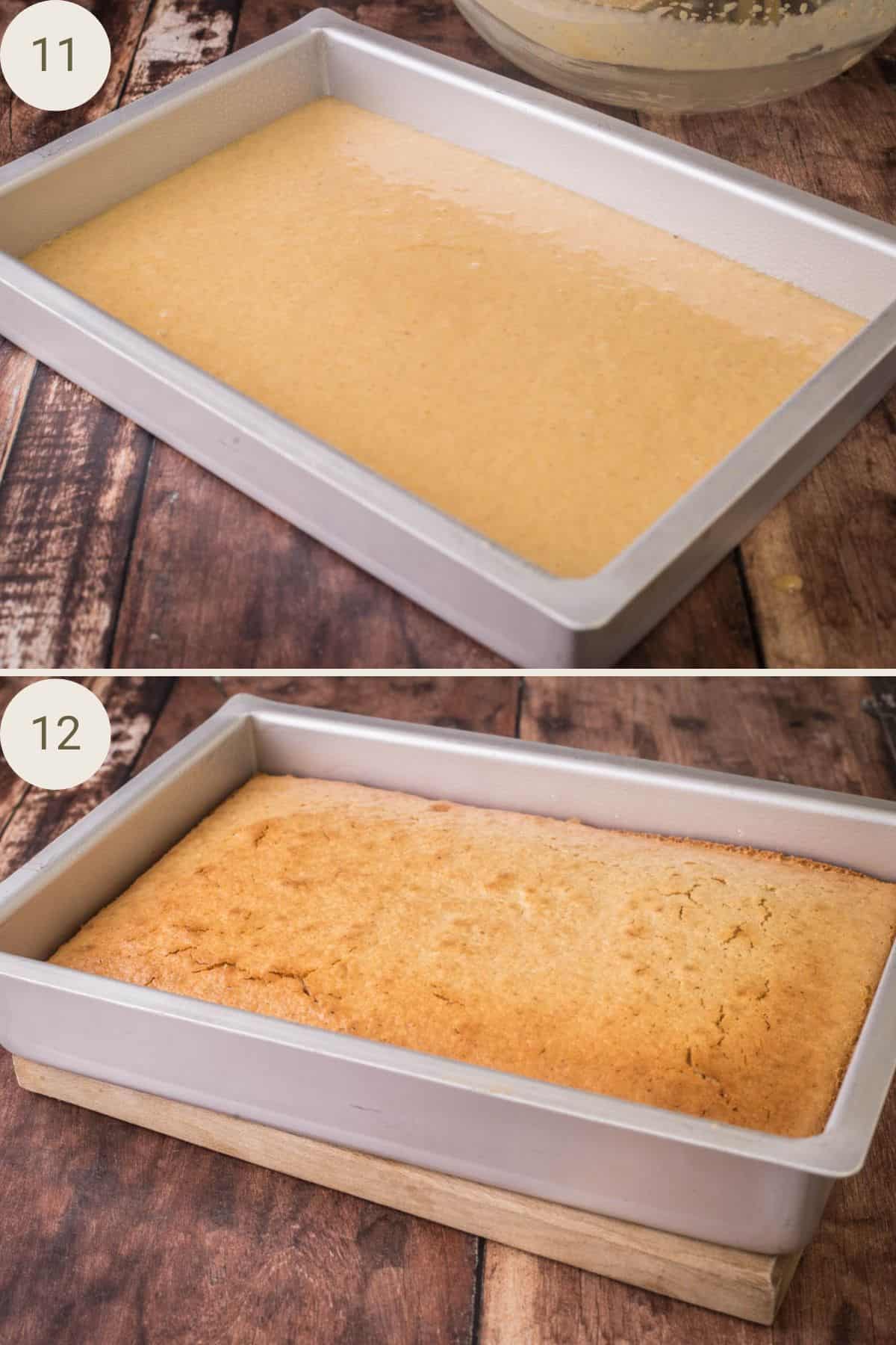 Cake batter spread evenly in a lined rectangular tin, before and after baking.