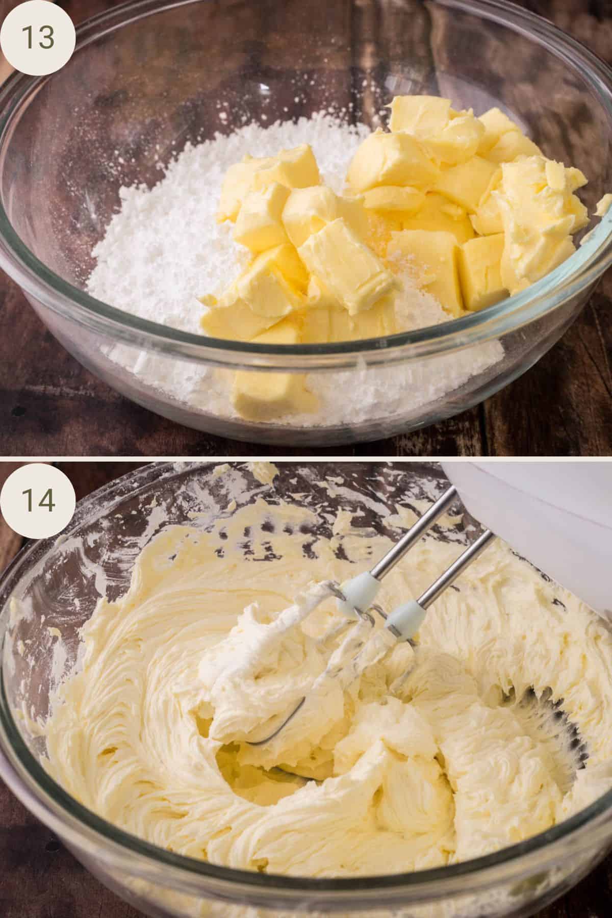 Butter and icing sugar being whipped together in a mixer bowl until fluffy.