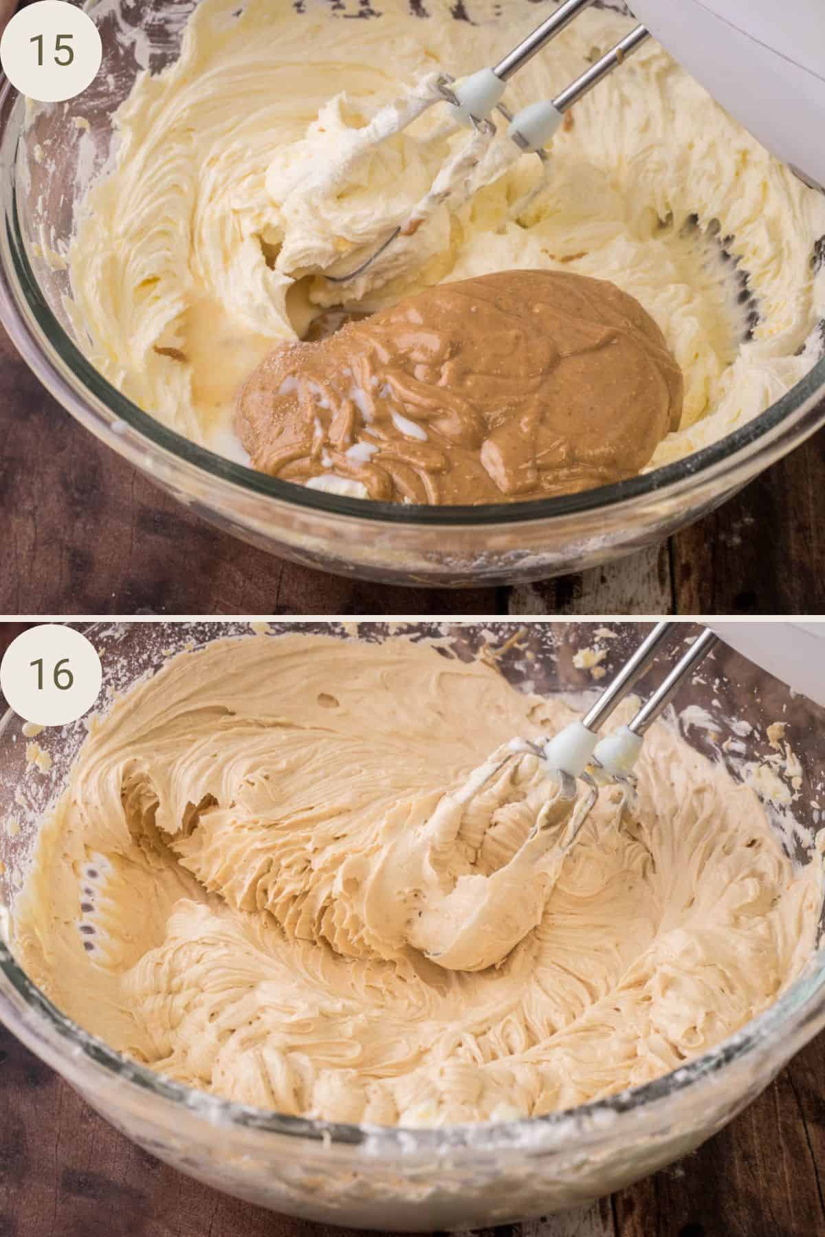 Peanut butter, milk, vanilla, and salt added to the creamed butter and mixed until smooth.