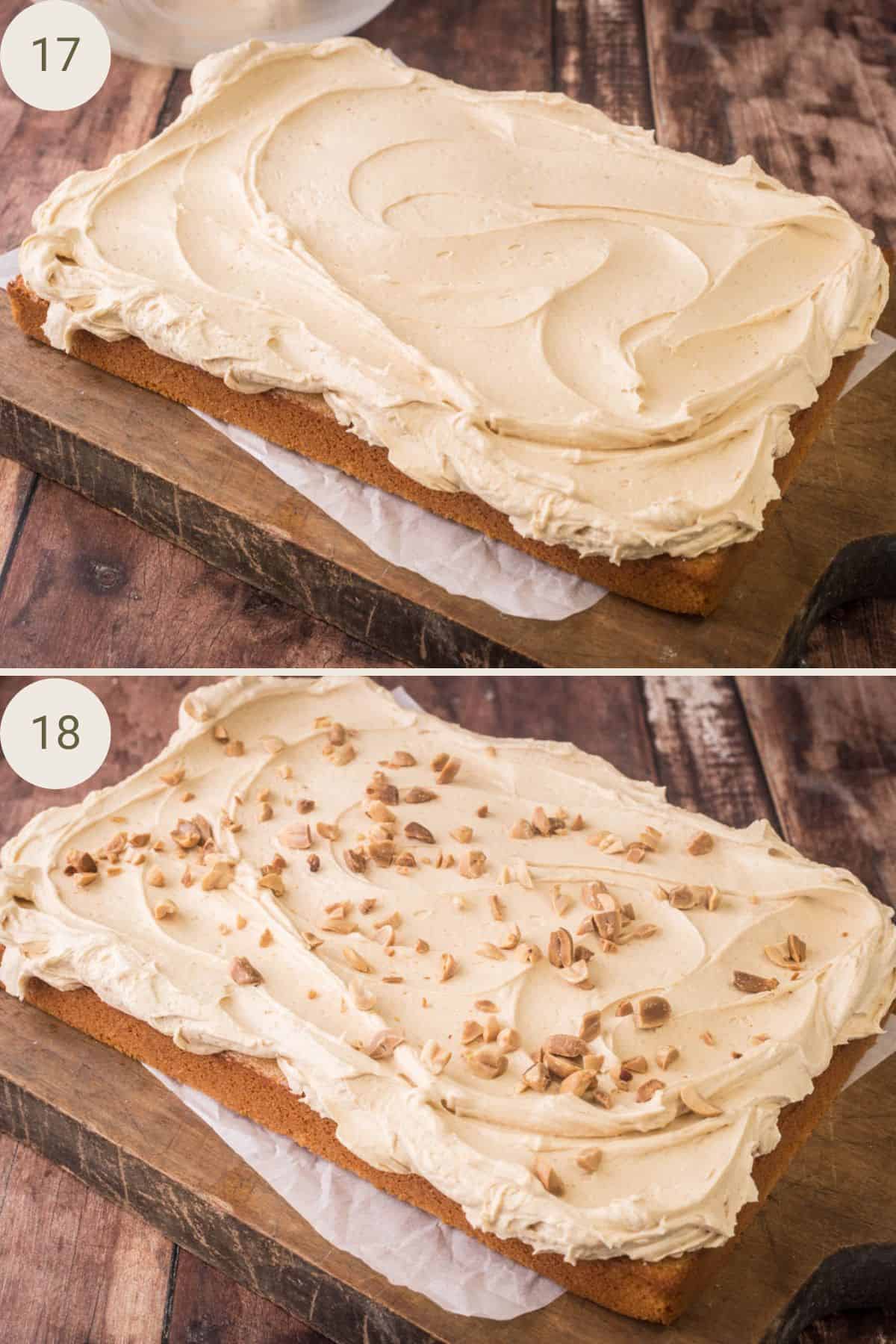 Traybake cake topped with peanut butter frosting and decorated with chopped salted peanuts.