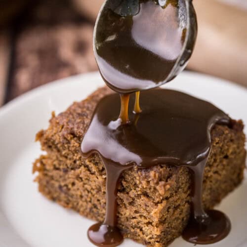 Sticky Toffee Sauce poured over Sticky Toffee Pudding.
