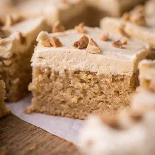 Sliced Gluten-Free Peanut Butter Cake showing soft and fluffy sponge and creamy buttercream.