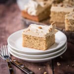 Slice of Gluten-Free Peanut Butter Cake showing soft and fluffy sponge.