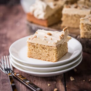 Slice of Gluten-Free Peanut Butter Cake showing soft and fluffy sponge.