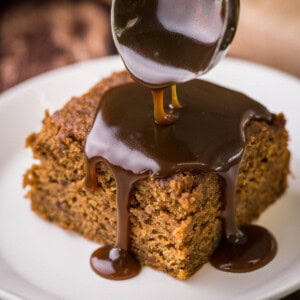 Sticky Toffee Sauce poured over Sticky Toffee Pudding.