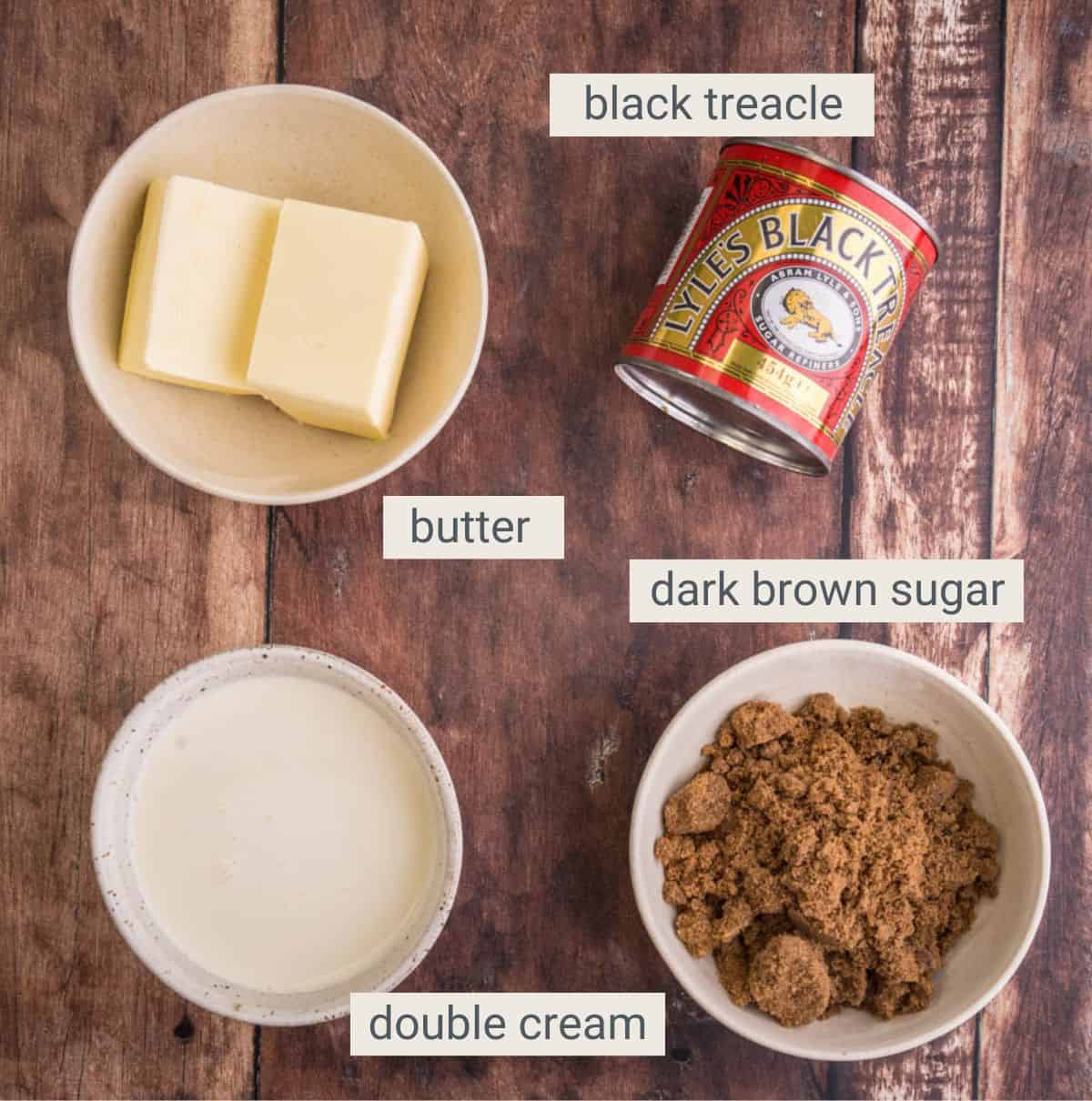 Sticky Toffee Sauce ingredients on table.