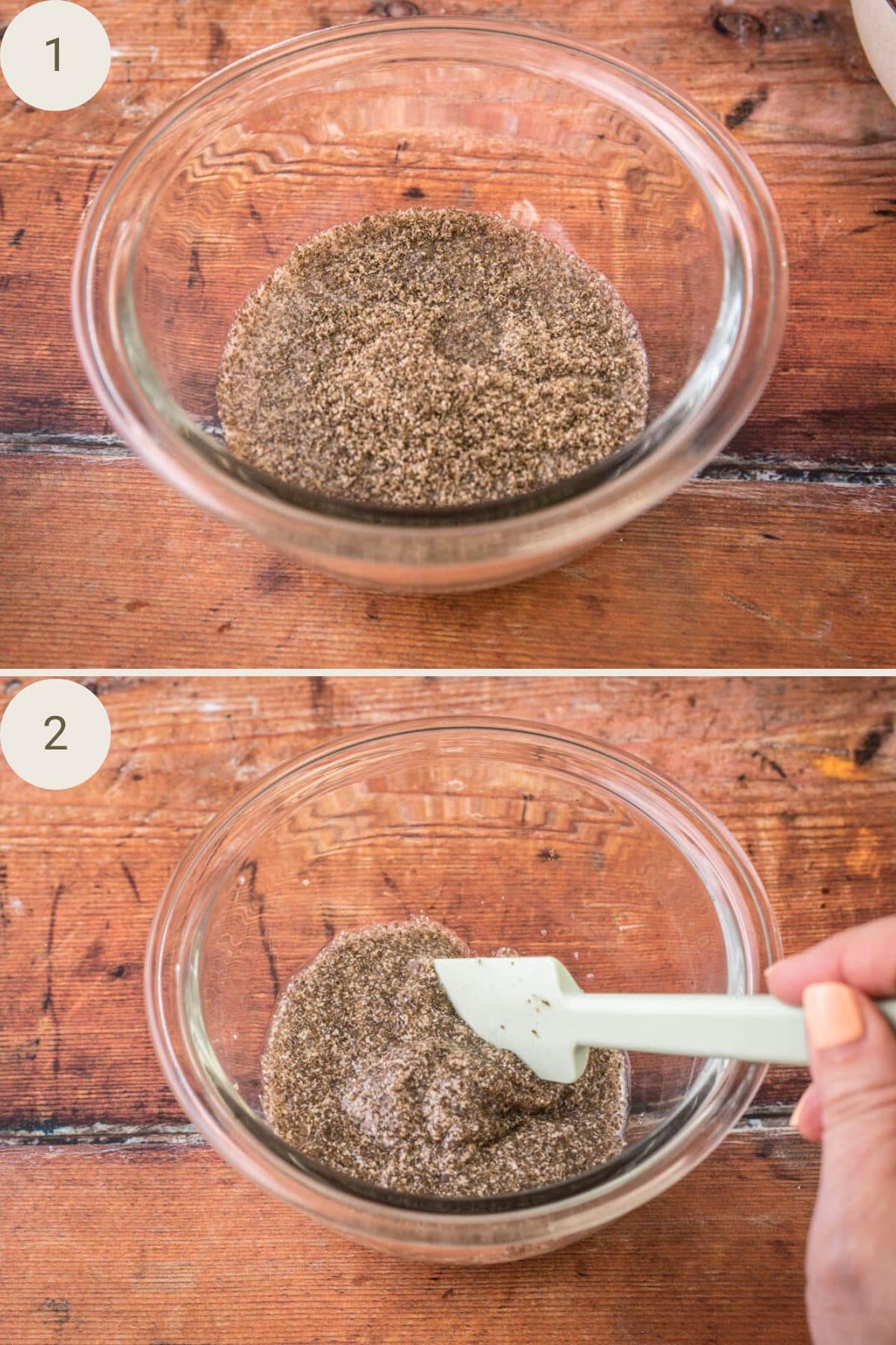 Small bowl with ground chia seeds mixed with water, beginning to thicken into a gel.