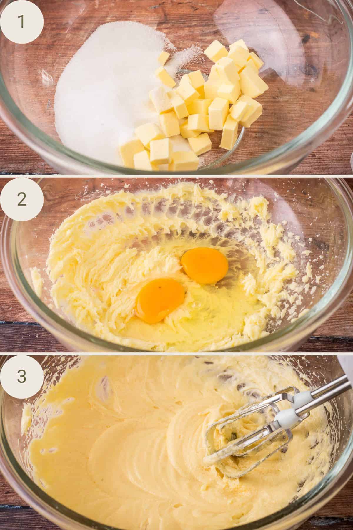 Butter and sugar in large mixing bowl, beaten then with eggs added. Beaten again until all incorporated.