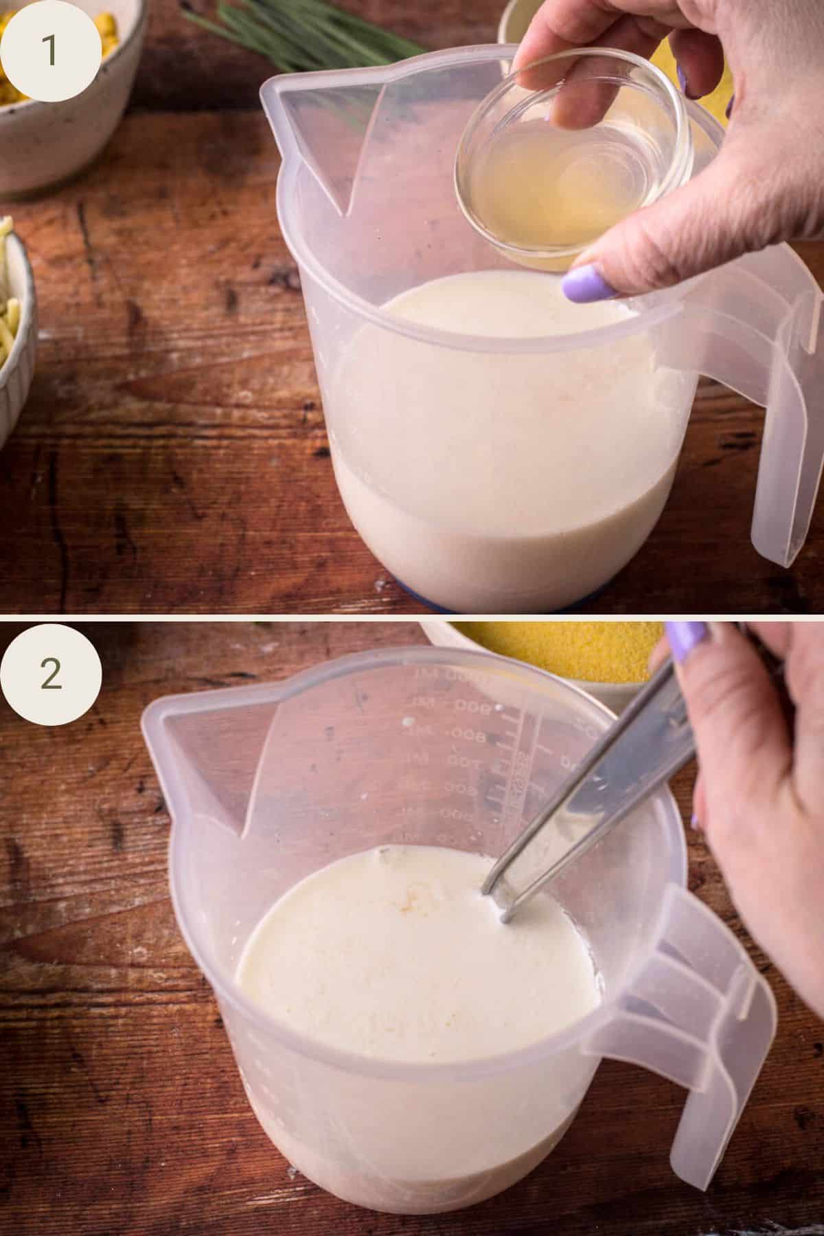 Vinegar poured into milk in a jug and whisked in.