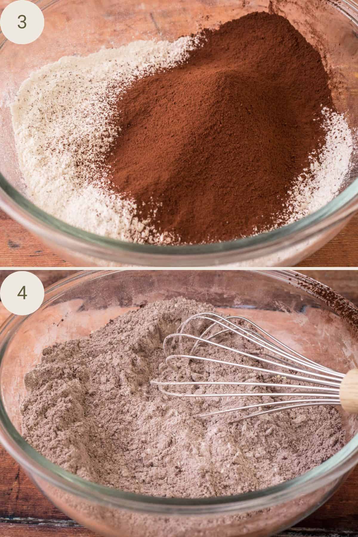 Cocoa powder, gluten-free flour, baking powder, bicarb, and salt being whisked into a mixing bowl.