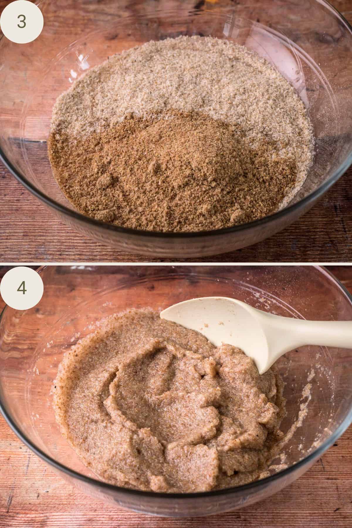 Psyllium husk and flaxseed gel together in a large mixing bowl.