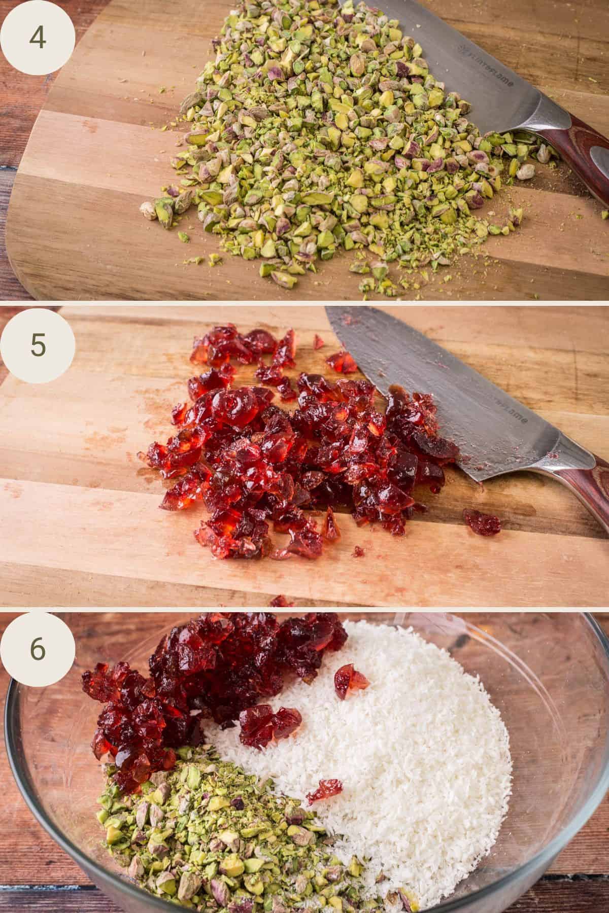 Chopped pistachios, chopped glace cherries on wooden board then added to desiccated coconut in large mixing bowl.
