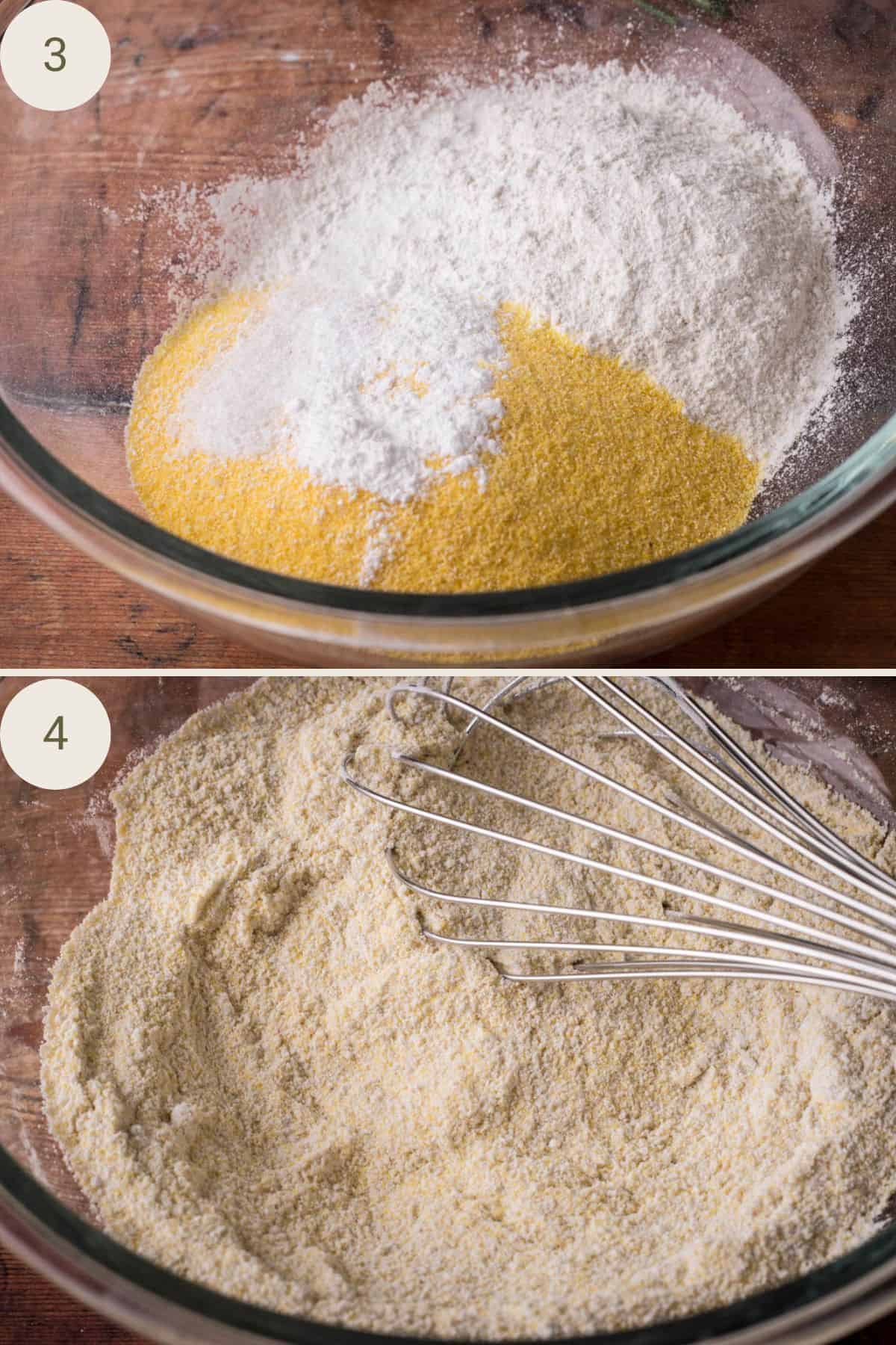 “Dry ingredients—gluten-free flour blend, cornmeal, baking powder, bicarbonate of soda and salt—being whisked together in a large mixing bowl.”