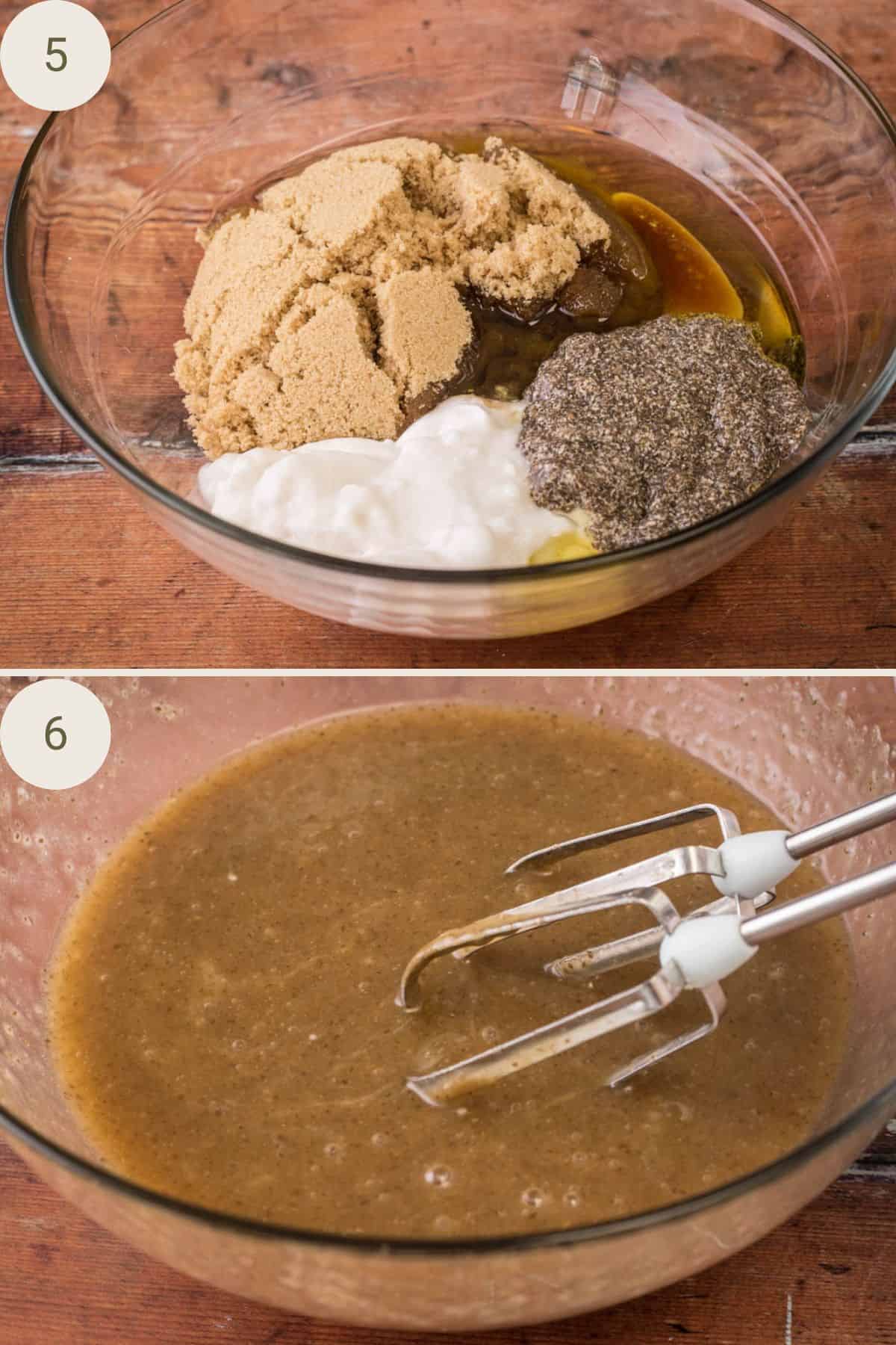 Large mixing bowl with olive oil, brown sugar, plant yoghurt, chia gel, vinegar, and vanilla being whisked together.