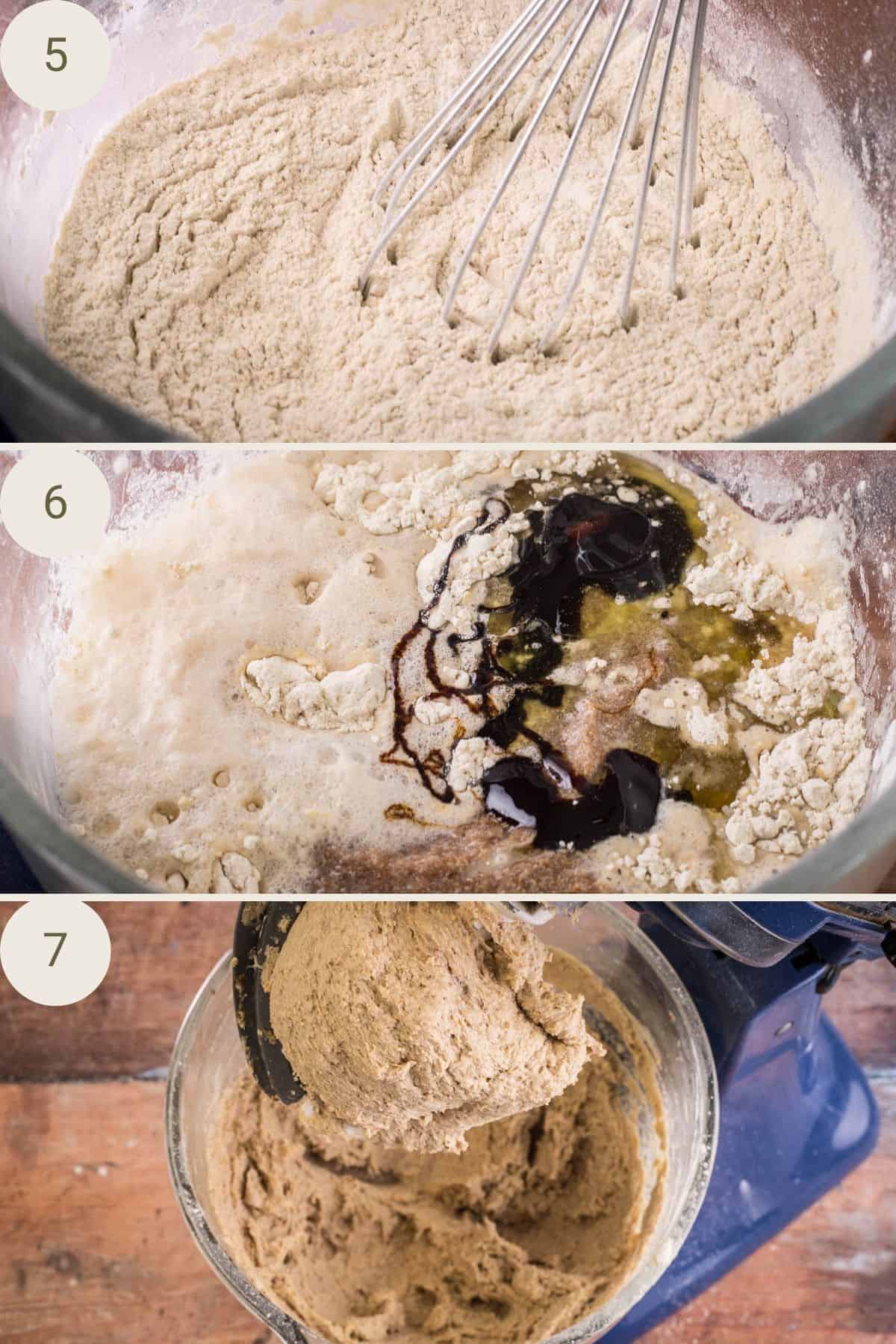 Dry ingredients in stand mixer with liquid ingredients added. Sticky cohesive dough after 5 minutes of mixing time.