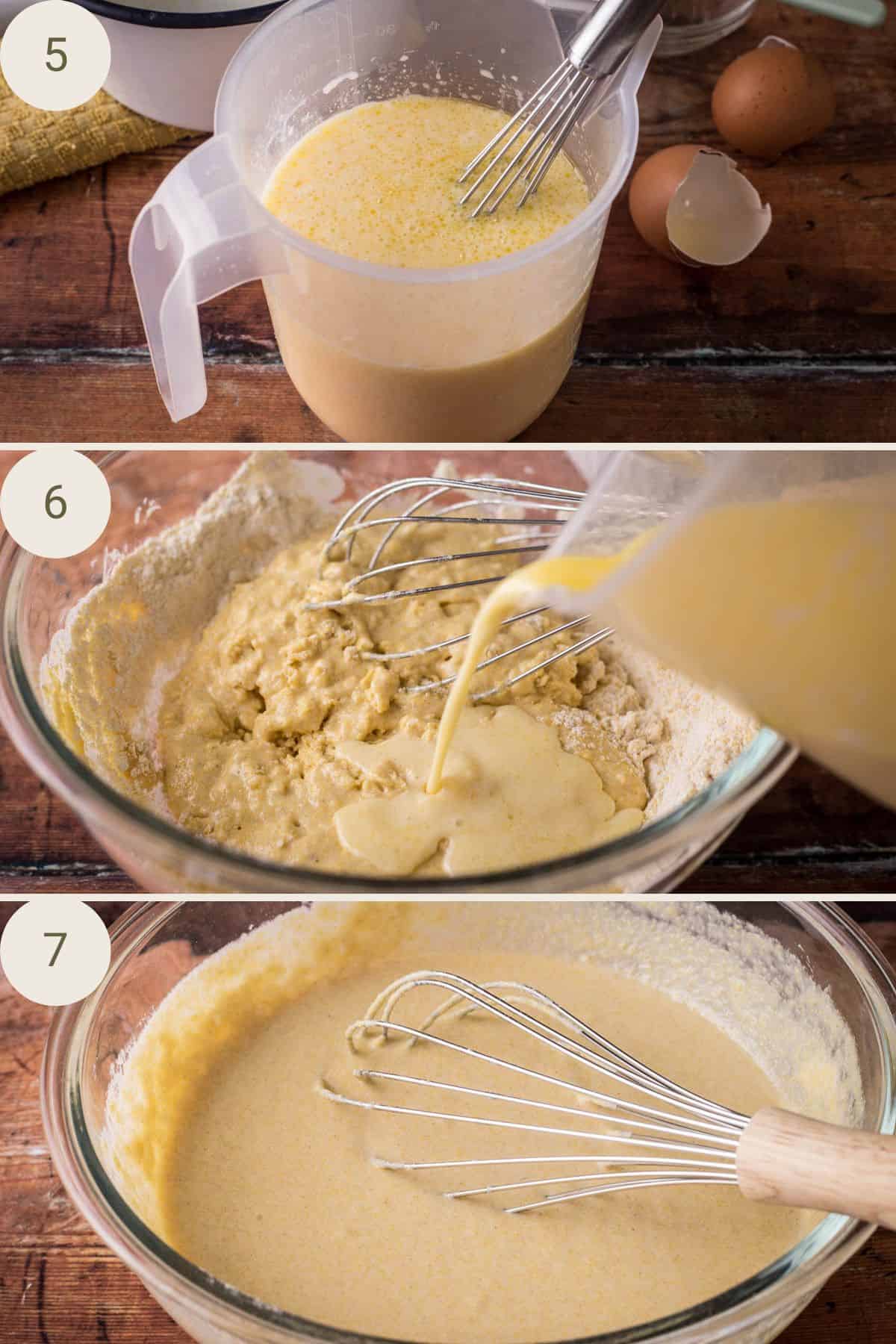 Eggs, milk, honey and melted butter being whisked together in a jug for gluten-free cheddar chive cornbread. Then poured into dry ingredients and whisked until smooth.