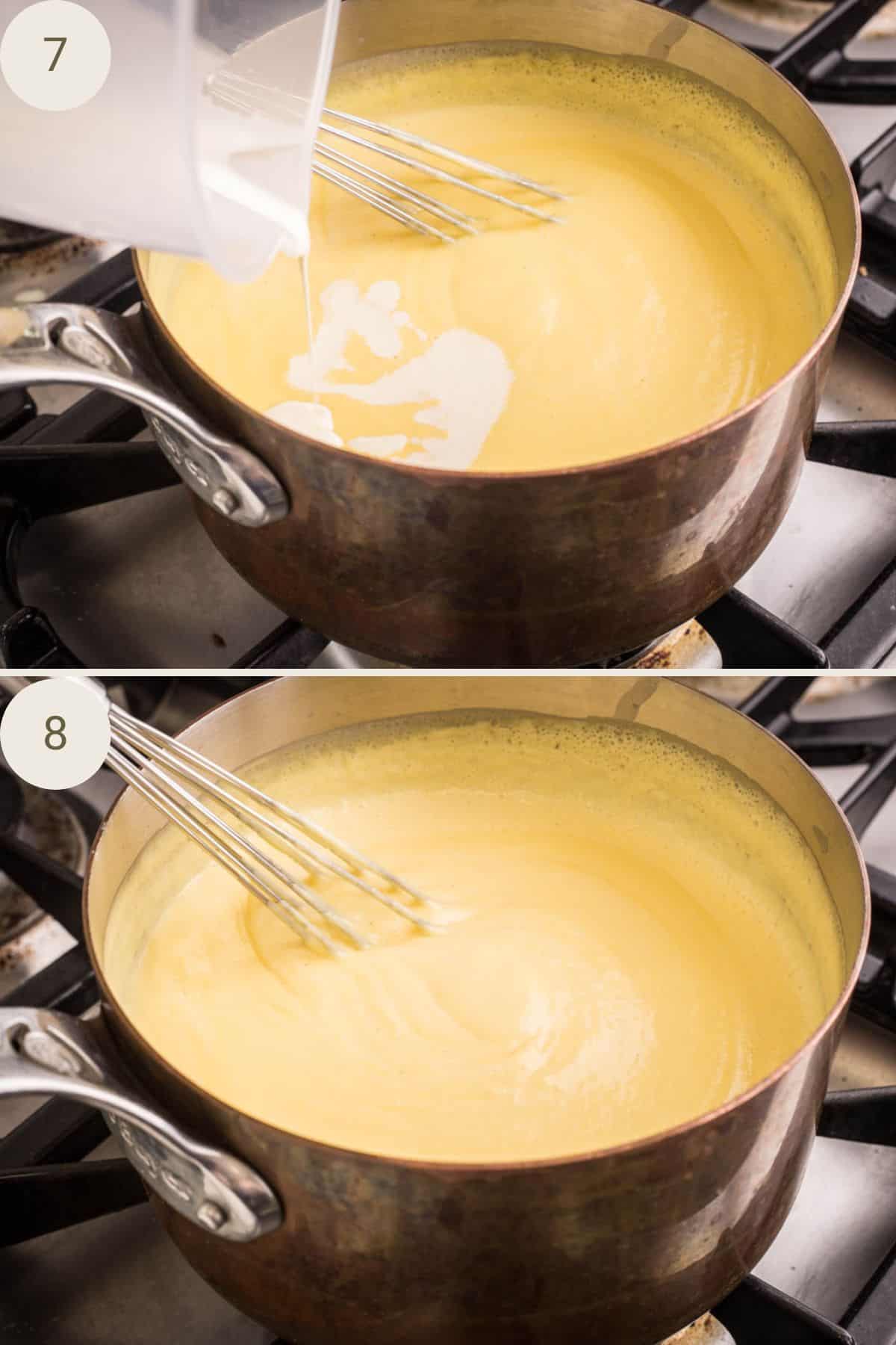 Gluten-Free Homemade Custard thickened in saucepan, whisking in final amount of cream.