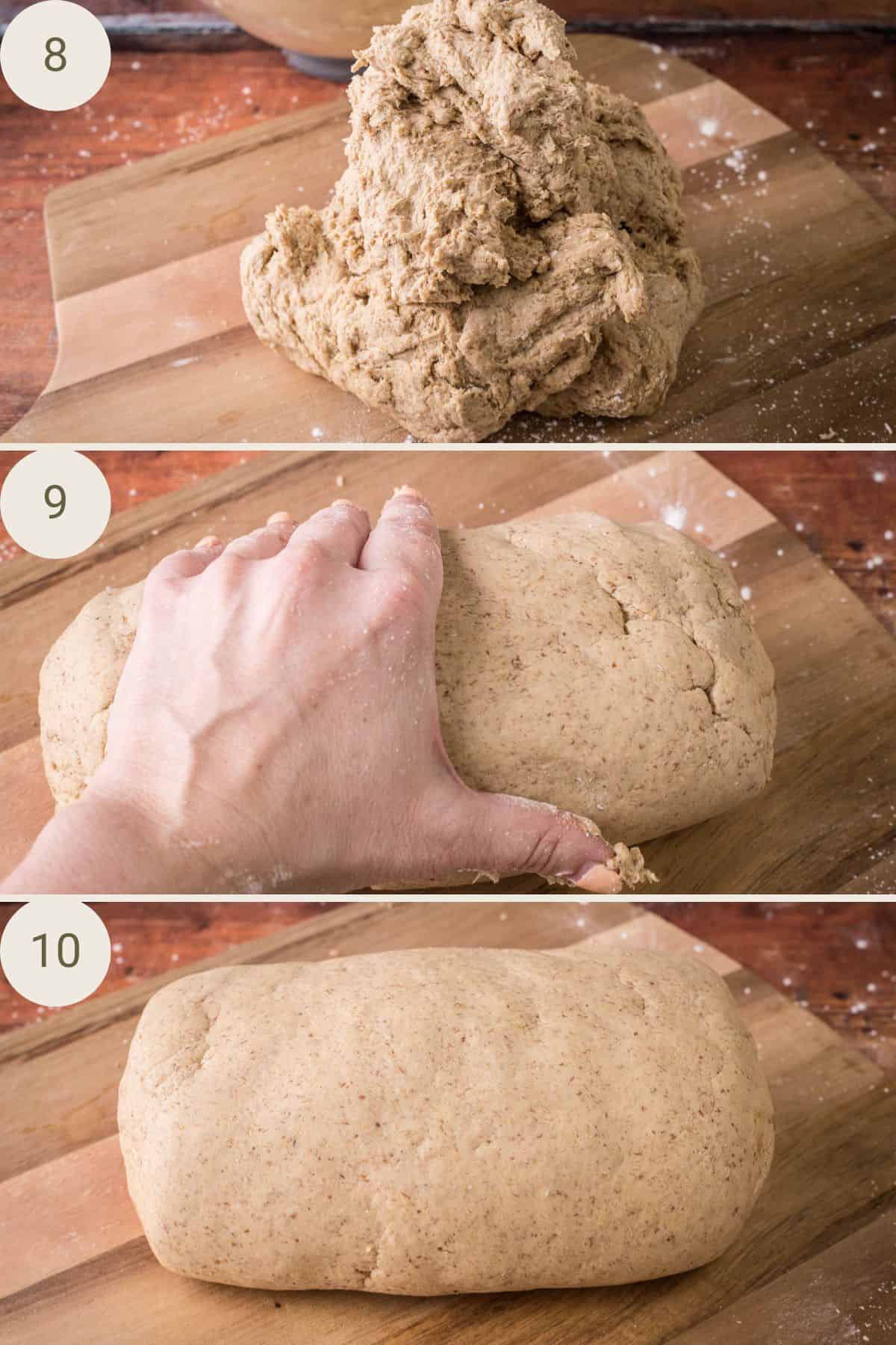 Sticky dough on wooden board, rolled by hand into smooth log shape.