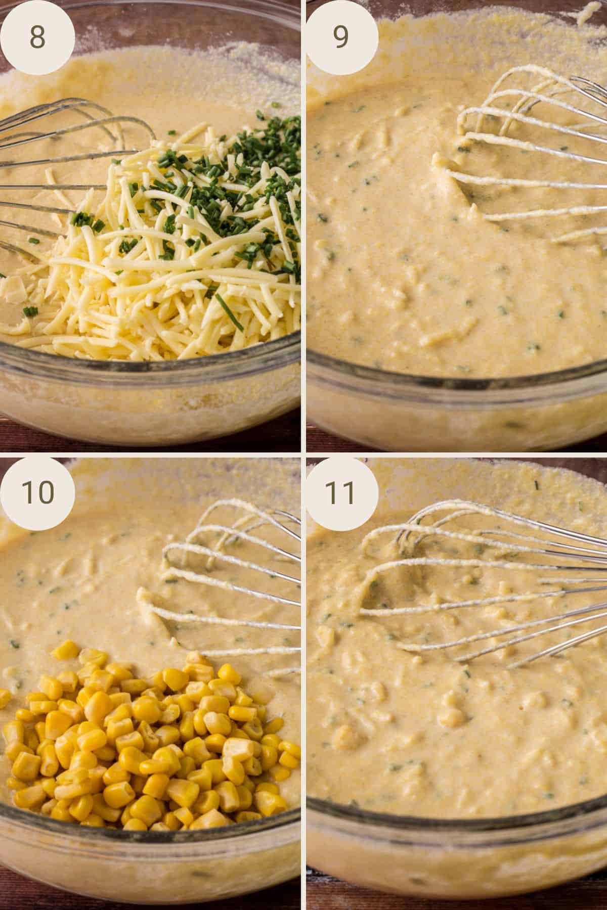 Chopped chives and grated mature cheddar being folded into the gluten-free cornbread batter. Followed by sweetcorn and mixed together.