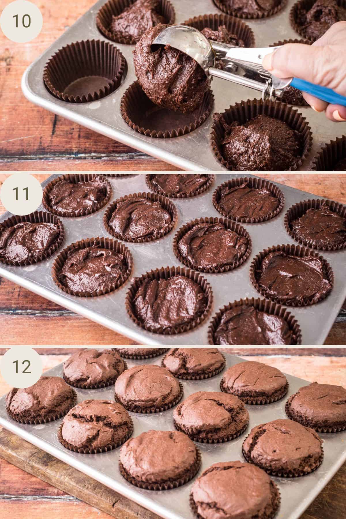 Chocolate cupcake batter being spooned into lined cases in a muffin tin. Freshly baked chocolate cupcakes resting in the tin, before being transferred to a wire rack.