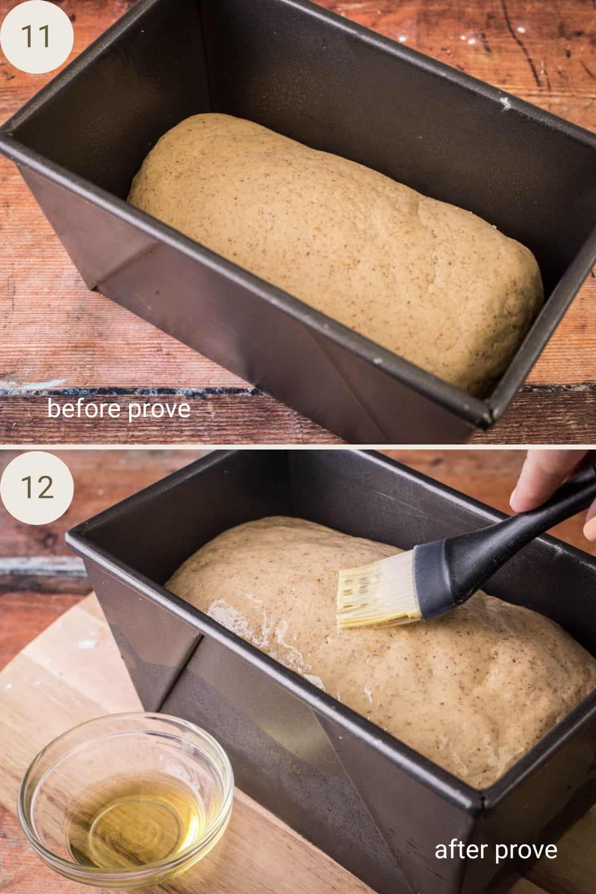 bread dough log in baking tin before and after 1 hour of proofing.