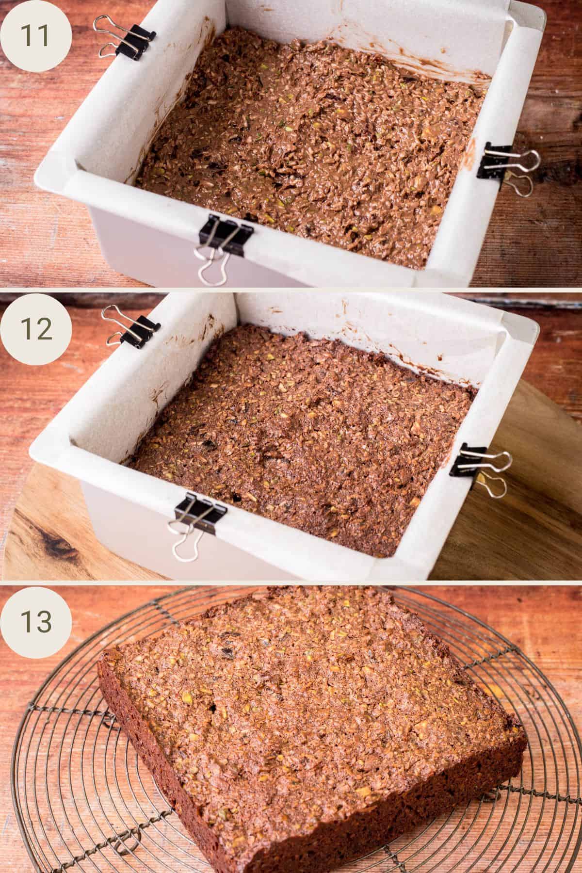 Chocolate Pistachio Coconut Slice in a baking tin before and after baking and cooling on a wire rack.