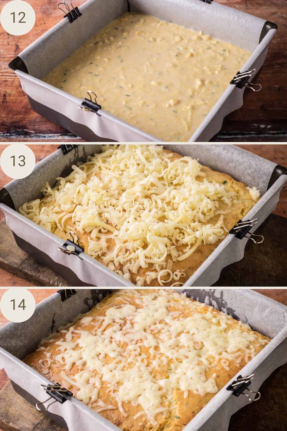 Gluten-free cheddar chive batter poured into a lined square baking tin, ready for baking. Removed from the oven to sprinkle over grated cheese. Golden-brown gluten-free cheddar chive cornbread straight out of the oven in a square tin.