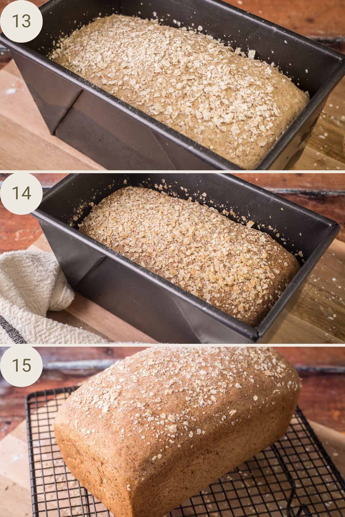 buckwheat flakes on pre-baked loaf. Loaf after baking in and out of the tin.