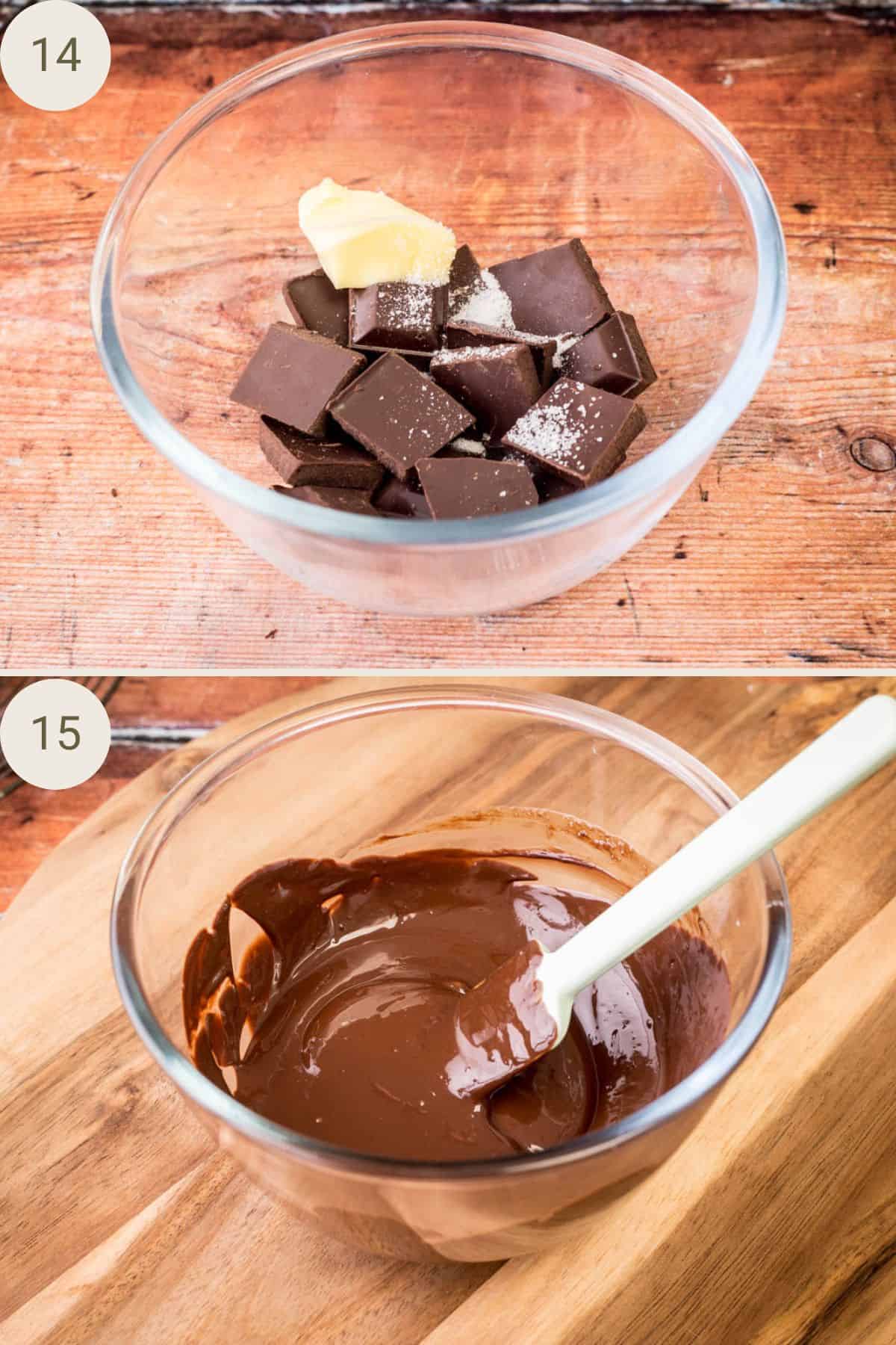 Chocolate in a bowl with butter and salt and then after melting.