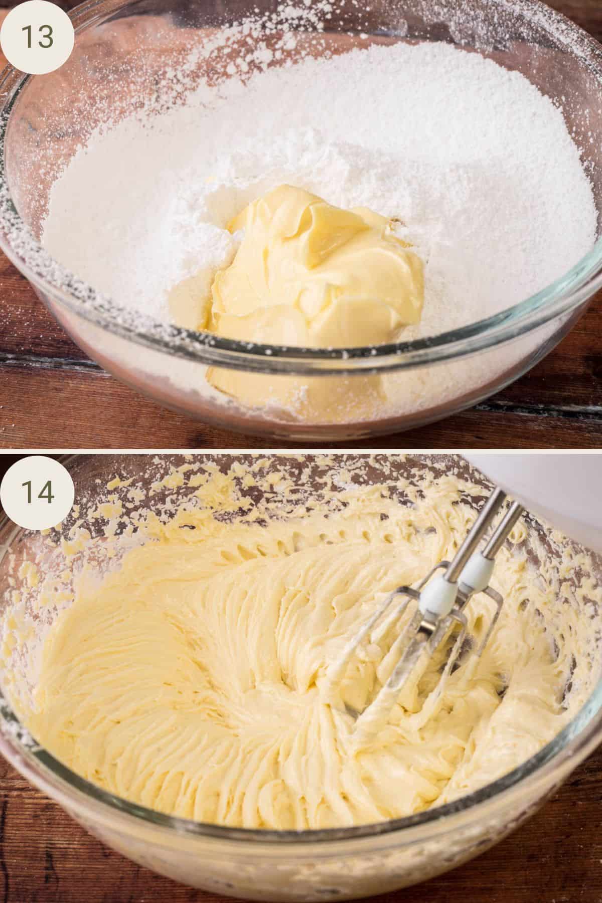 Plant-based butter being whipped into icing sugar a mixing bowl until soft and creamy