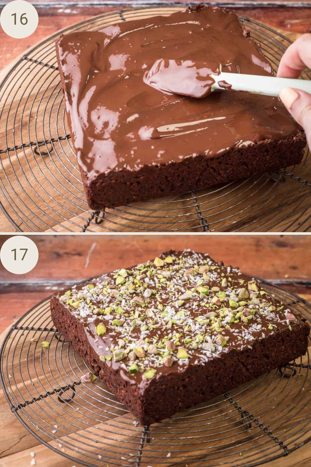 Melted chocolate spread on Chocolate Pistachio Coconut Slice, then sprinkled over with chopped pistachios and desiccated coconut.