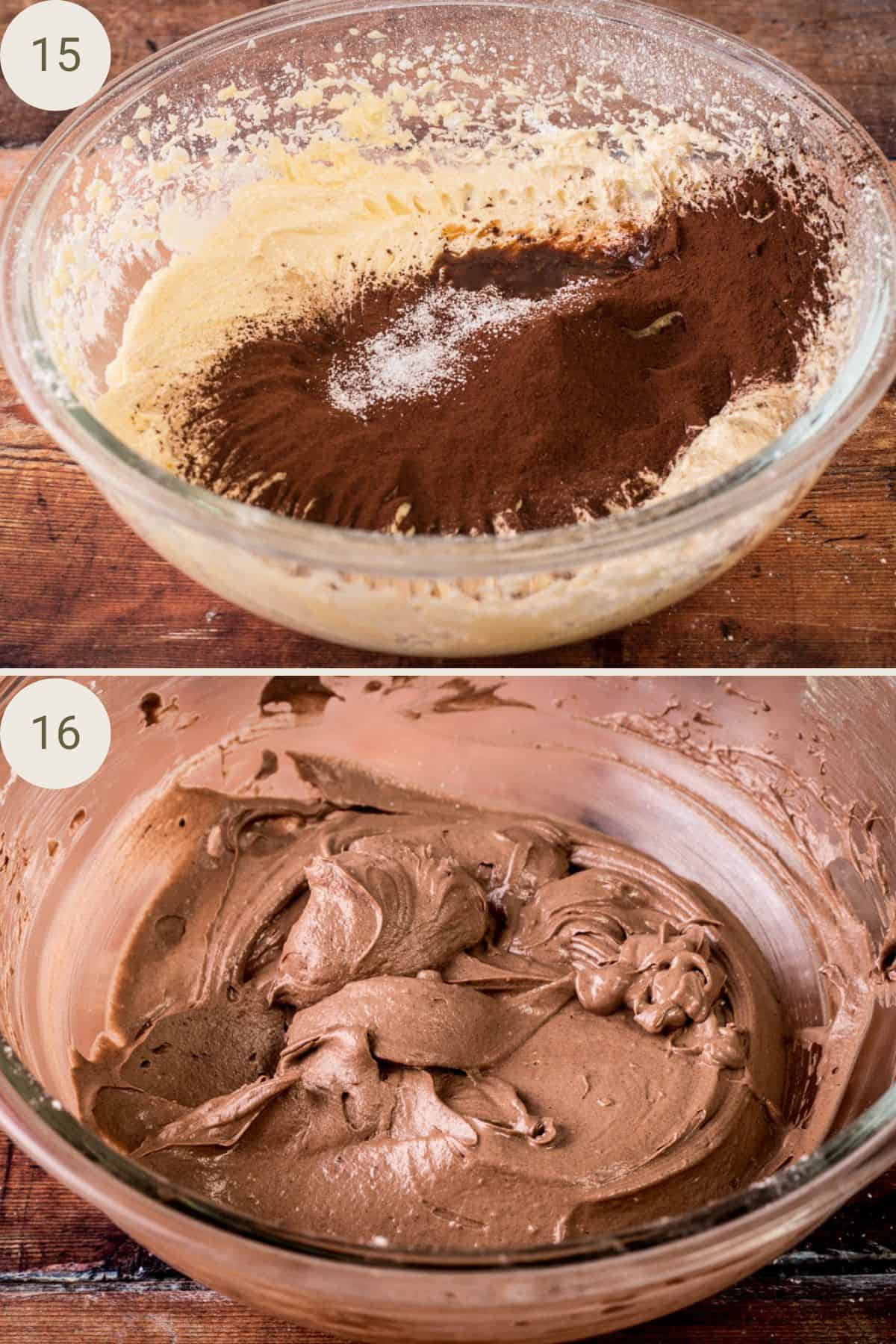 Cocoa powder being added to the whipped butter with vanilla extract and salt. Chocolate buttercream frosting whipped until fluffy and smooth in a large bowl.