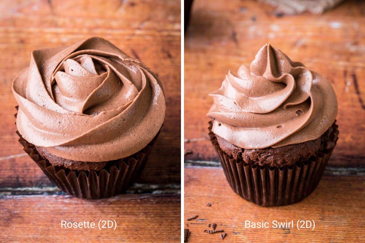 Chocolate cupcake showing buttercream applied to cupcake using different piping tips.