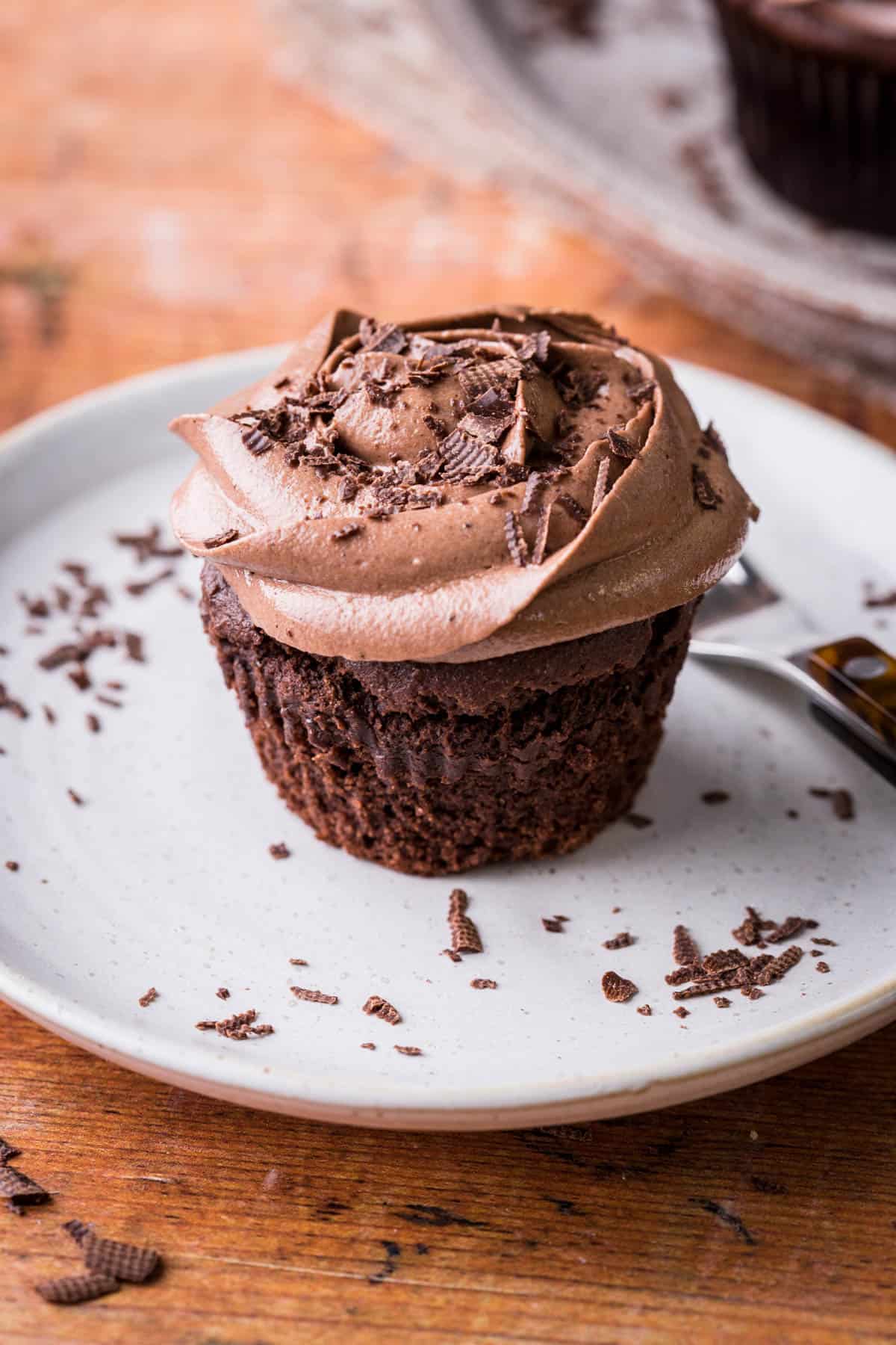 Vegan Chocolate Cupcake on a plate.