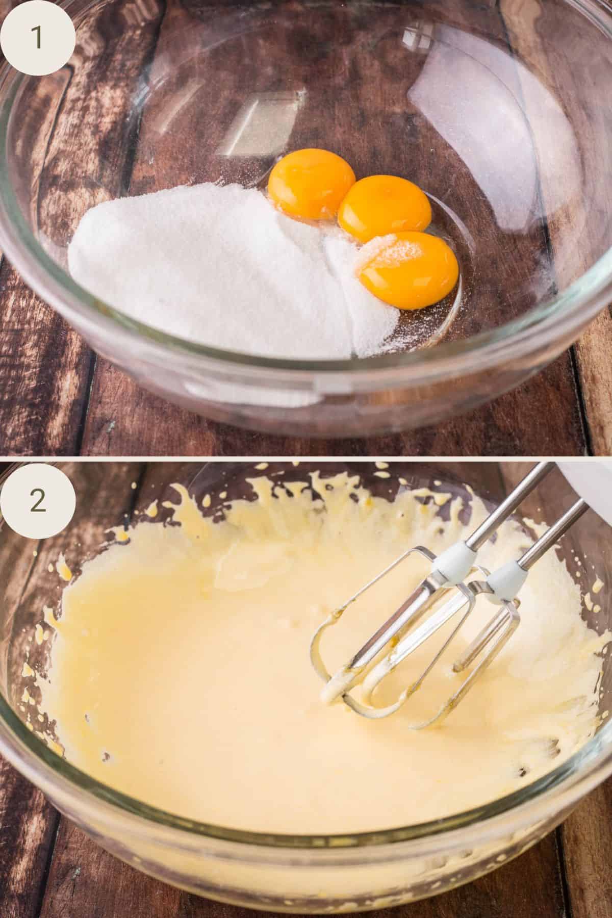 Eggs and sugar in a bowl, then whisked until thick and creamy.