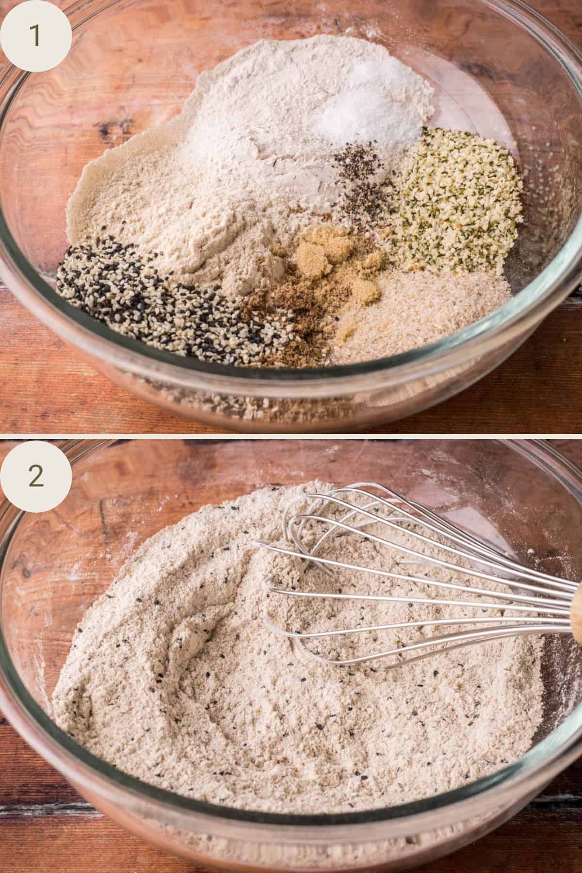 Dry ingredients including gluten-free flours and seeds whisked together in a large mixing bowl.
