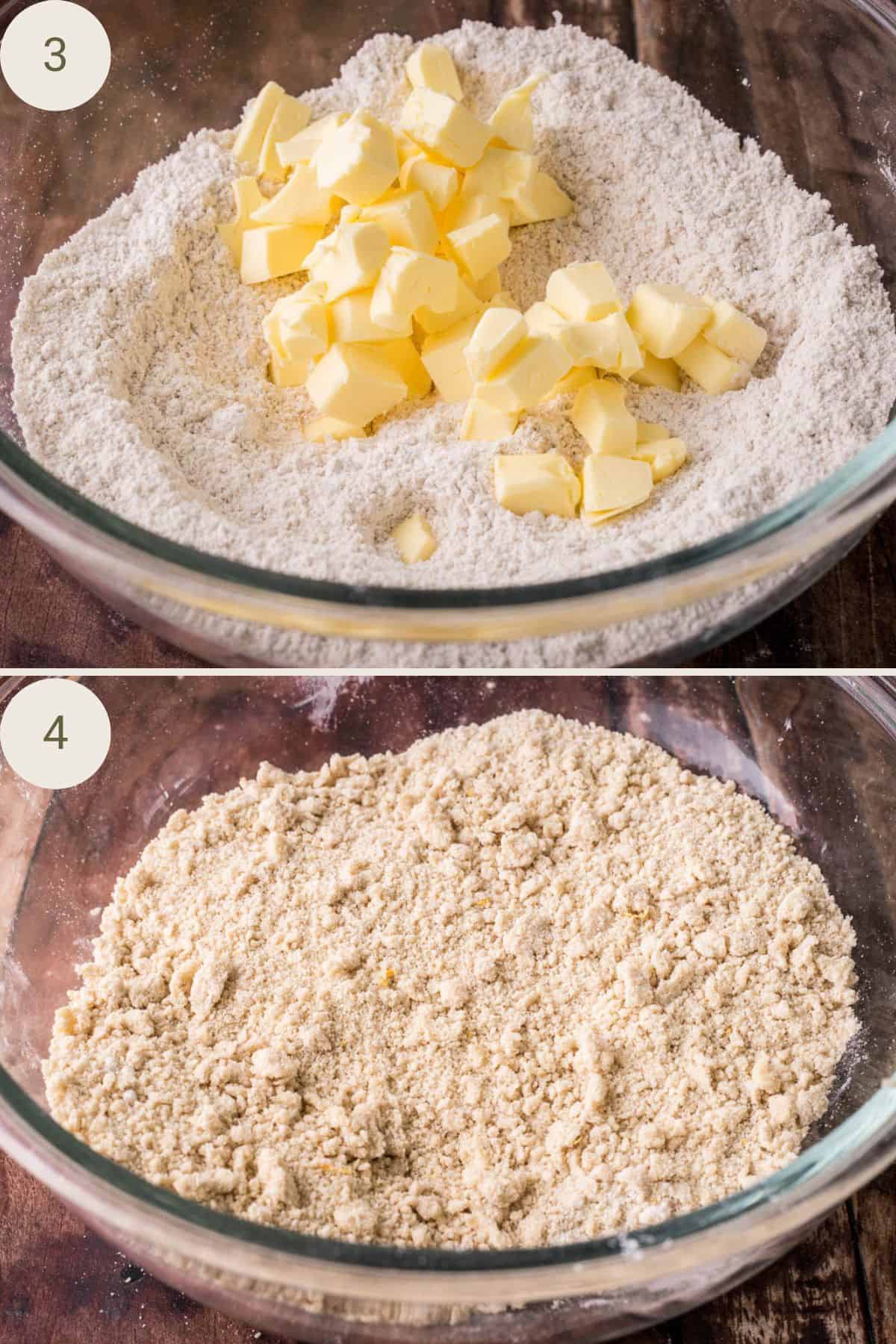 Butter added to flour mixture then a shaggy pile after it has been rubbed in with fingertips.