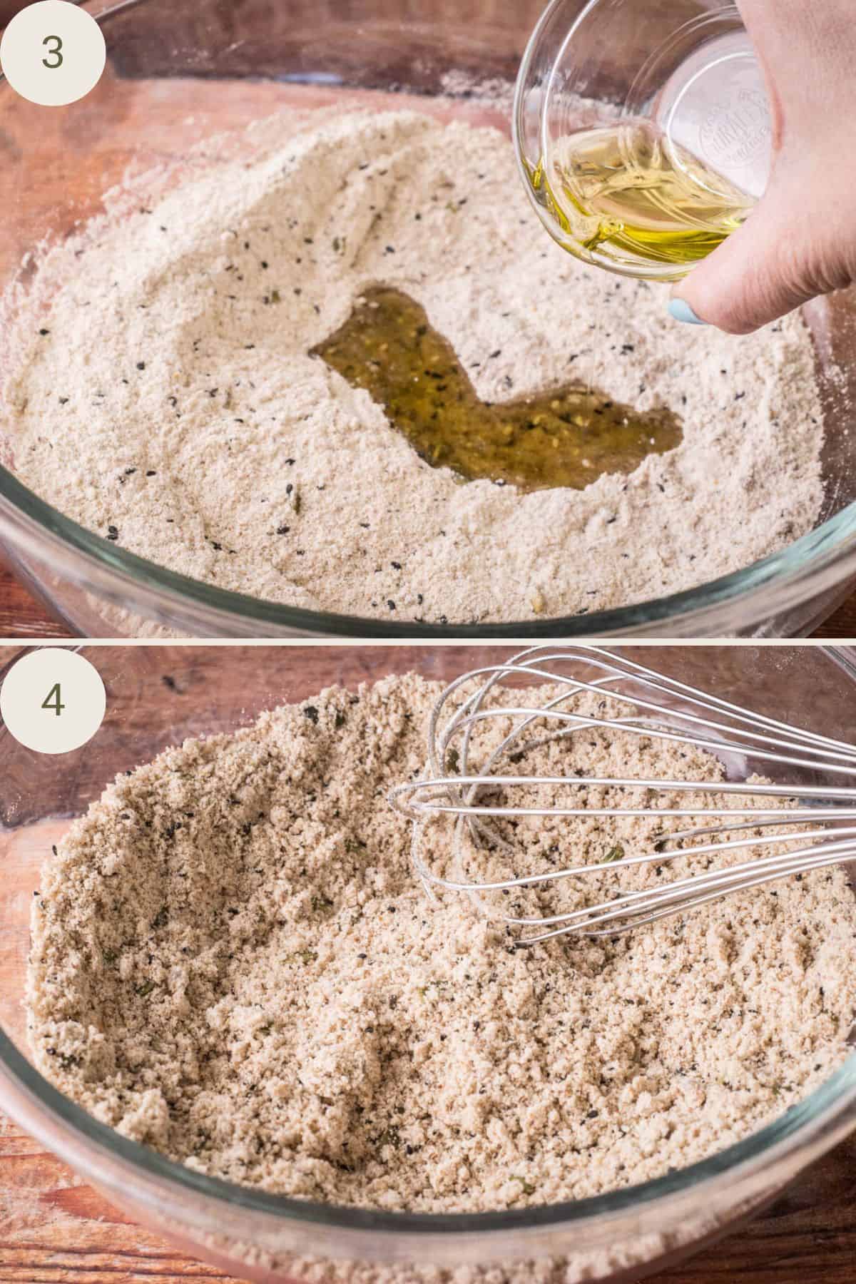 Olive oil being poured into the dry mix in a bowl. Whisked in.