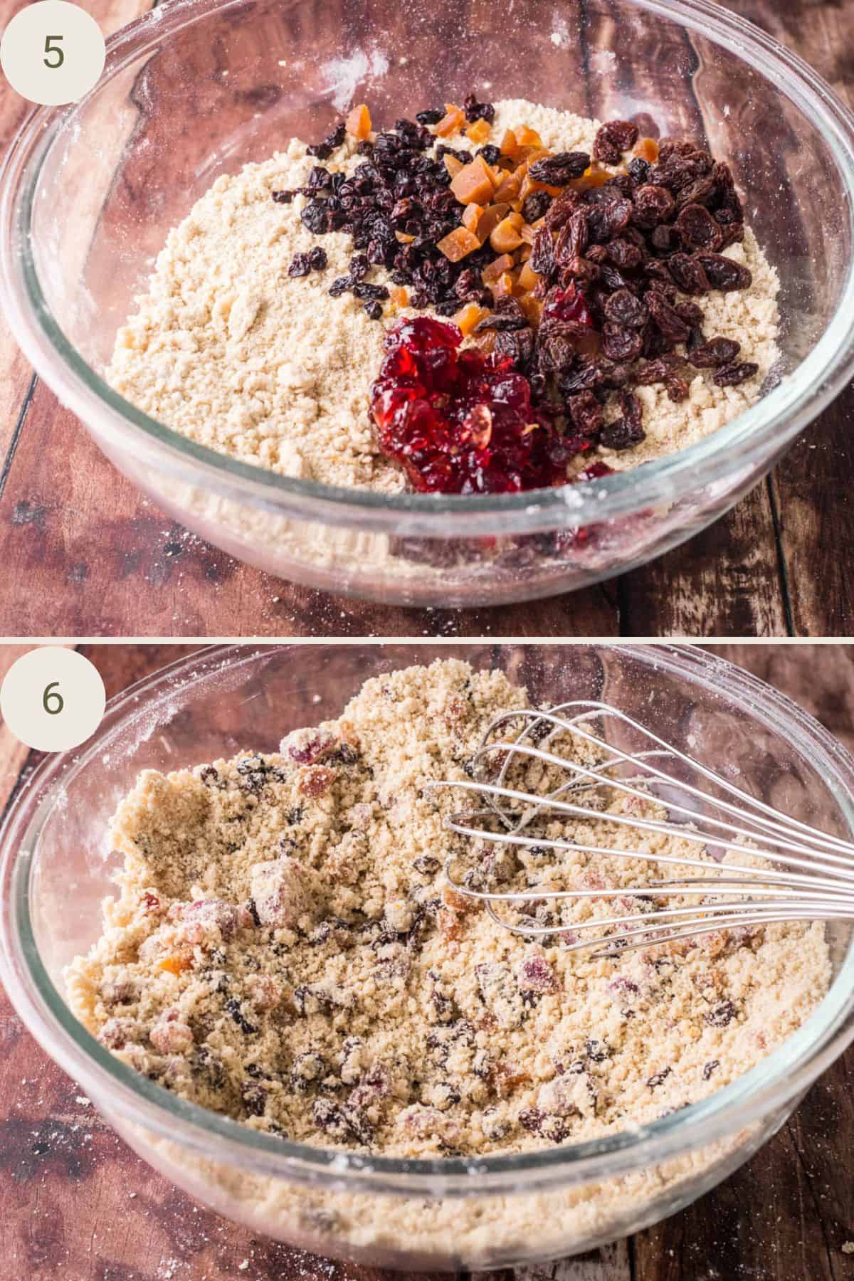Dried fruits added to flour mixture then mixed in with whisk.