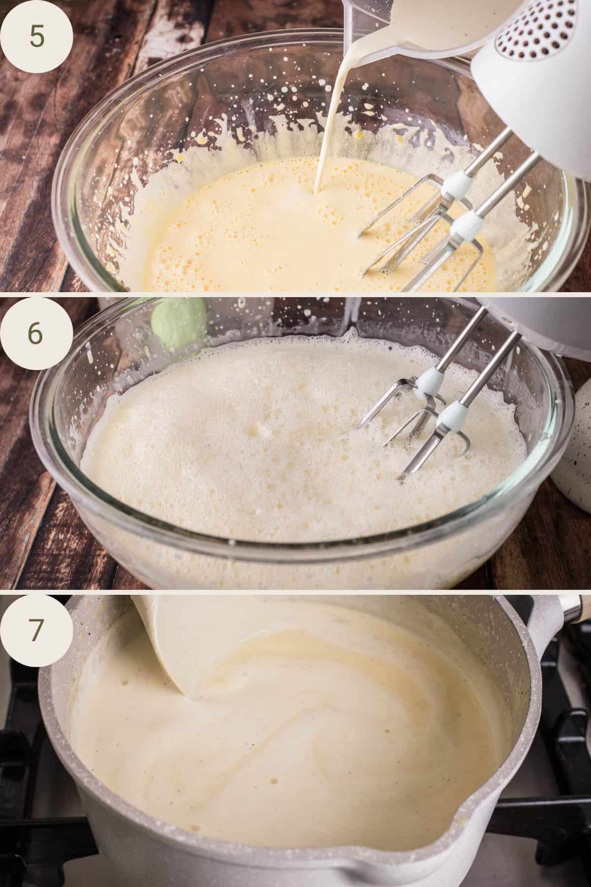 Eggs tempered by pouring in warm cream mixture and whisking to create a thin custard. Poured back into saucepan and heated to 80C.