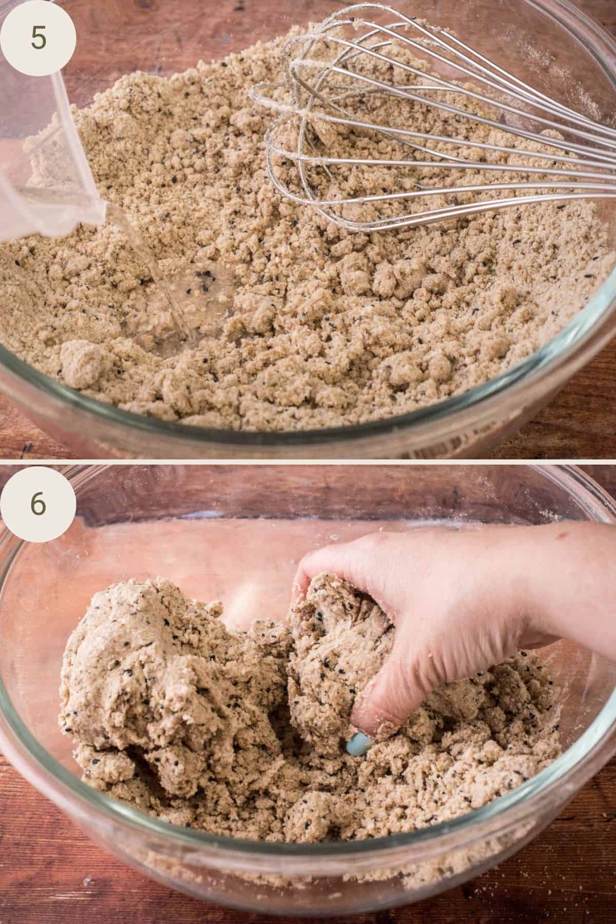 Water whisked into the dough mixture and then brought together with hands.